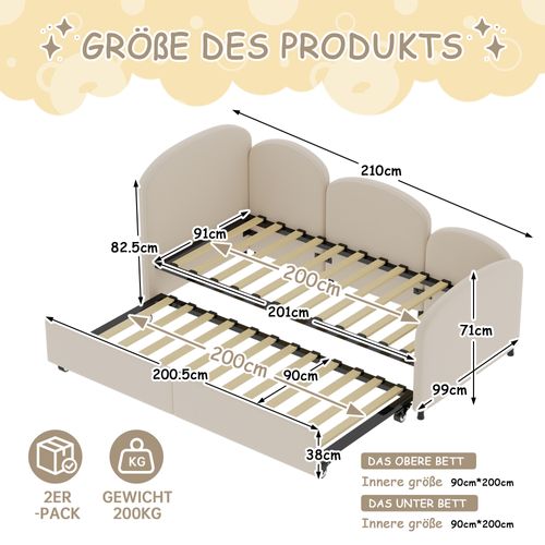 Lit Simple Rembourré Lit 2 Places Lit Enfant 90x200cm Fleurs Velours Canapé Lit Tête De Lit Beige