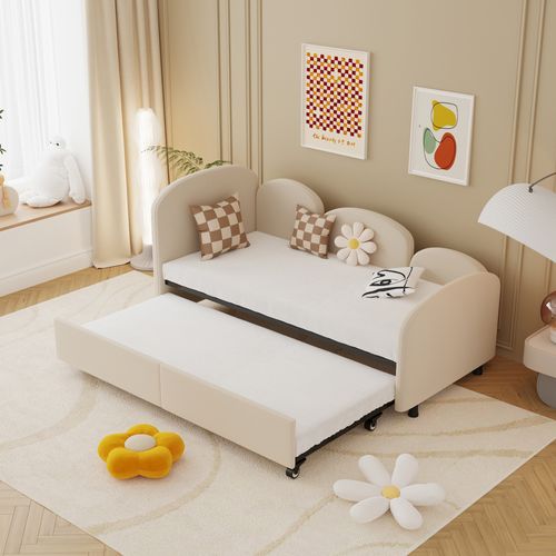 Lit Simple Rembourré Lit 2 Places Lit Enfant 90x200cm Fleurs Velours Canapé Lit Tête De Lit Beige