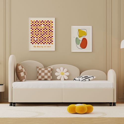 Lit Simple Rembourré Lit 2 Places Lit Enfant 90x200cm Fleurs Velours Canapé Lit Tête De Lit Beige