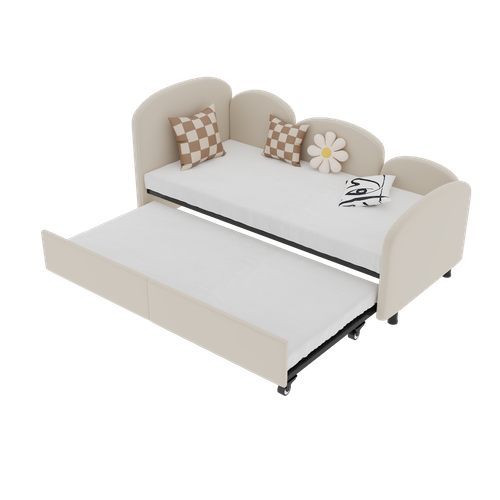 Lit Simple Rembourré Lit 2 Places Lit Enfant 90x200cm Fleurs Velours Canapé Lit Tête De Lit Beige