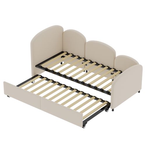 Lit Simple Rembourré Lit 2 Places Lit Enfant 90x200cm Fleurs Velours Canapé Lit Tête De Lit Beige
