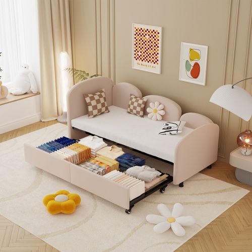 Lit Simple Rembourré Lit 2 Places Lit Enfant 90x200 Cm Fleurs Velours Canapé Lit Tête De Lit Rose