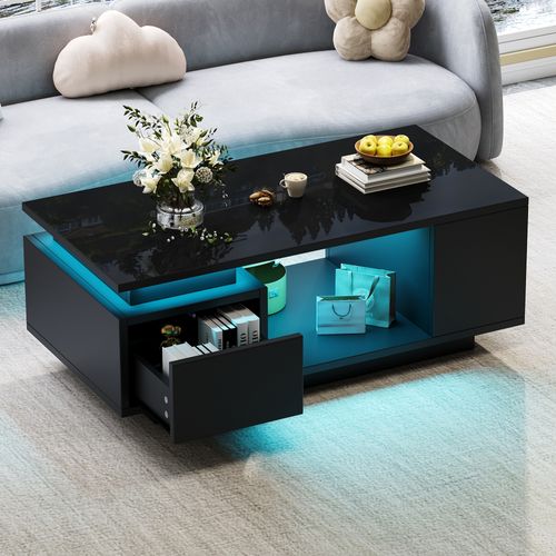 Table Basse Moderne LED 100x50x36cm 1 Tiroir 4 Compartiments Rangement Canapé Table Noir Brillant
