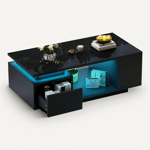 Table Basse Moderne LED 100x50x36cm 1 Tiroir 4 Compartiments Rangement Canapé Table Noir Brillant