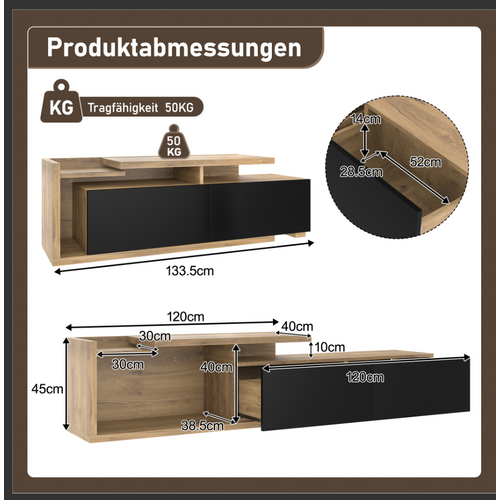 Meuble TV LED 133,5×40×45cm 2 Tiroirs Rangement Table Réglable Style Industriel Bois