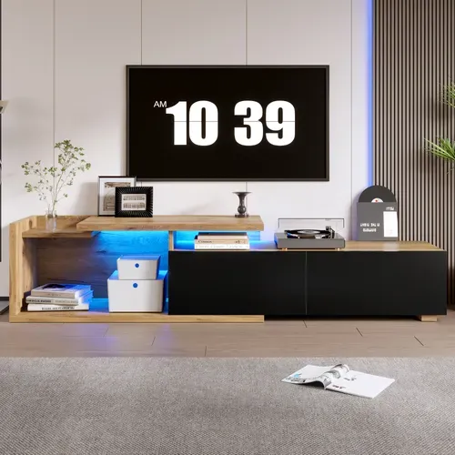 Meuble TV LED 133,5×40×45cm 2 Tiroirs Rangement Table Réglable Style Industriel Bois