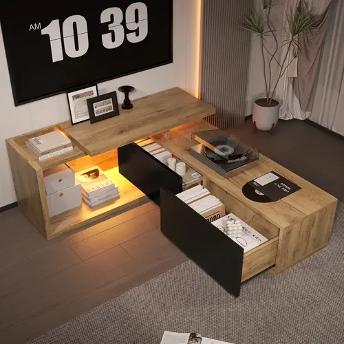 Meuble TV LED 133,5×40×45cm 2 Tiroirs Rangement Table Réglable Style Industriel Bois