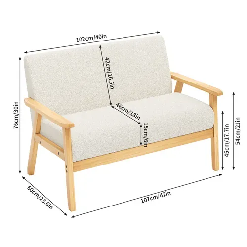 Canapé 2 Places Scandinave En Velours Teddy,banquette Fauteuil,107x60x76cm,blanc