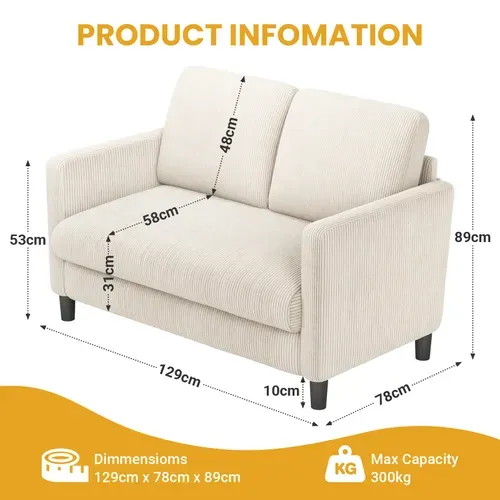 Canapé 2 Places 129x78x89 Cm En Velours Côtelé - Beige