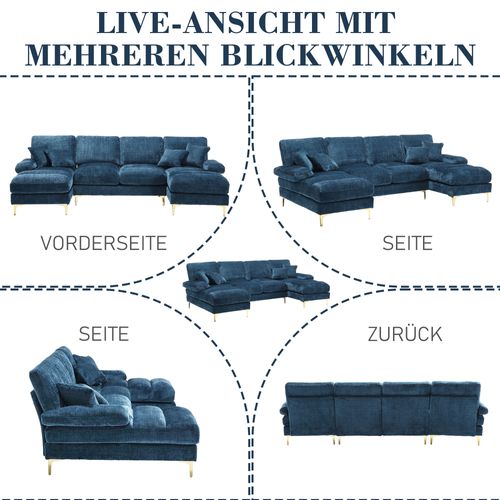 Grand Canapé 4 Places En Forme U,tissu Chenille,4 Coussins,scandinave Bleu