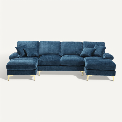 Grand Canapé 4 Places En Forme U,tissu Chenille,4 Coussins,scandinave Bleu