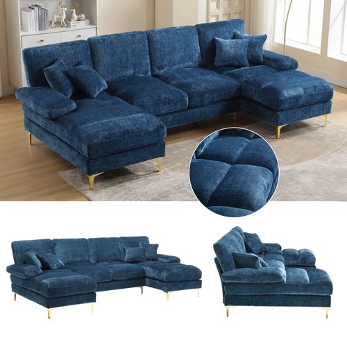 Grand Canapé 4 Places En Forme U,tissu Chenille,4 Coussins,scandinave Bleu
