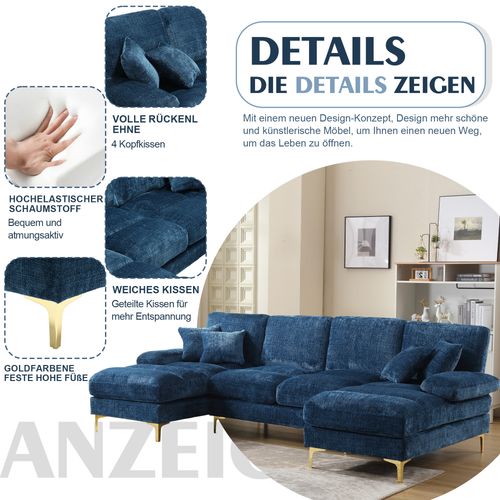Grand Canapé 4 Places En Forme U,tissu Chenille,4 Coussins,scandinave Bleu