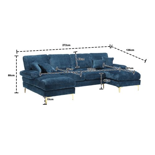 Grand Canapé 4 Places En Forme U,tissu Chenille,4 Coussins,scandinave Bleu