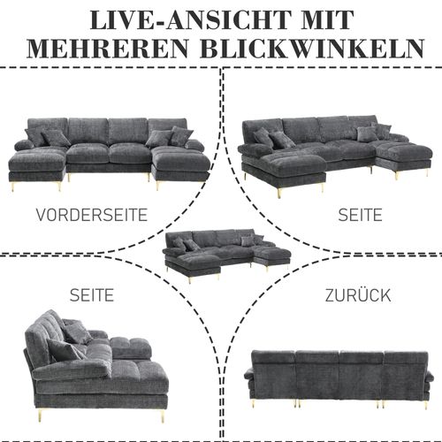 Grand Canapé 4 Places En Forme U,tissu Chenille,4 Coussins,scandinave Gris