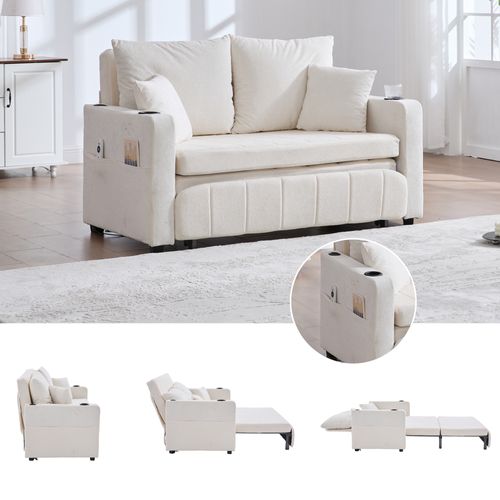 Canapé Lit 2 Places Beige,tissu Chenille,avec Sac De Rangement,usb,139x73x83cm