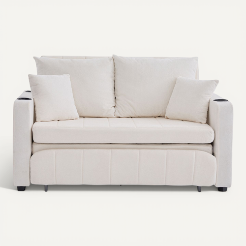 Canapé Lit 2 Places Beige,tissu Chenille,avec Sac De Rangement,usb,139x73x83cm