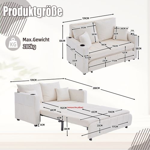 Canapé Lit 2 Places Beige,tissu Chenille,avec Sac De Rangement,usb,139x73x83cm