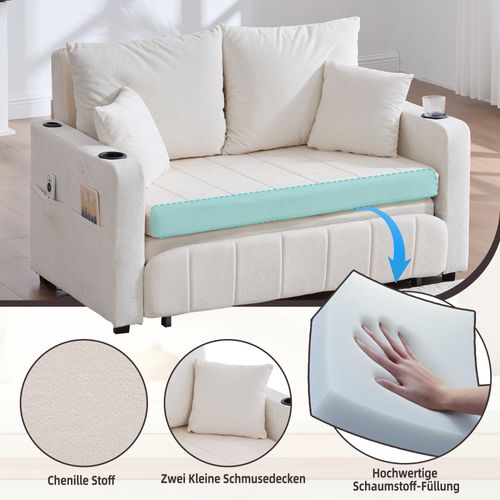 Canapé Lit 2 Places Beige,tissu Chenille,avec Sac De Rangement,usb,139x73x83cm