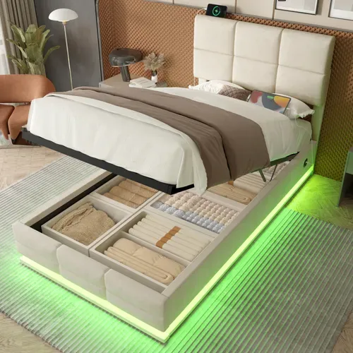 Lit Coffre 1 Places 90x200cm Relevable Hydraulique Velours USB-led Tête Lit Réglable Hauteur Beige