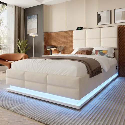 Lit Coffre 1 Places 90x200cm Relevable Hydraulique Velours USB-led Tête Lit Réglable Hauteur Beige