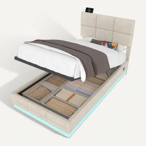 Lit Coffre 1 Places 90x200cm Relevable Hydraulique Velours USB-led Tête Lit Réglable Hauteur Beige