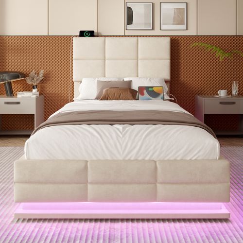 Lit Coffre 1 Places 90x200cm Relevable Hydraulique Velours USB-led Tête Lit Réglable Hauteur Beige