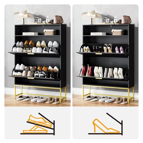 Meuble Chaussures 80x24x117cm 2 Abattants Double Niveau 15 Paires Pour Meuble Entrée Couloir Noir