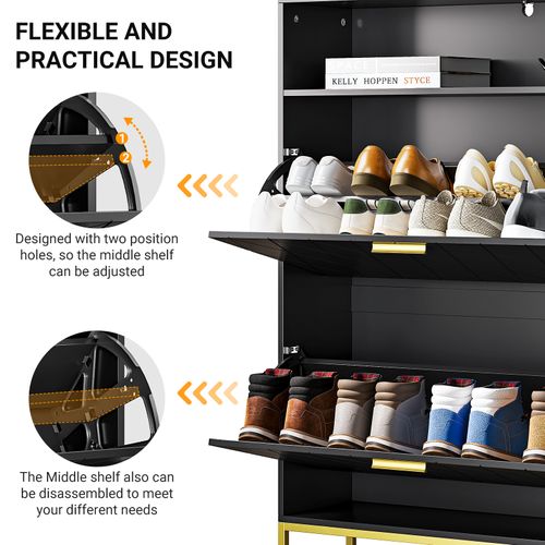 Meuble Chaussures 80x24x117cm 2 Abattants Double Niveau 15 Paires Pour Meuble Entrée Couloir Noir