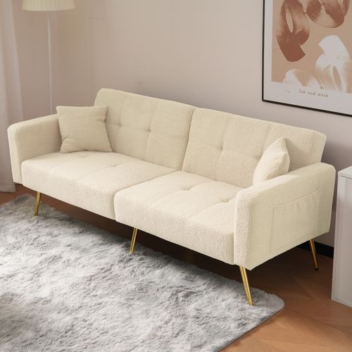 Canapé-lit 2 Places En Tissu Sherpa Doux,pliable Et Réglable,175x64x72cm,beige