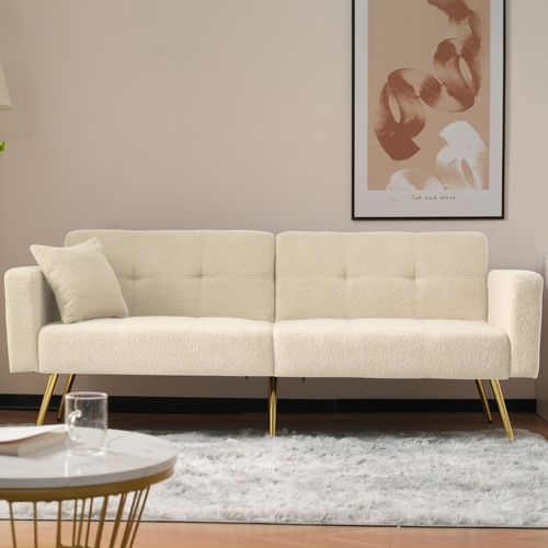 Canapé-lit 2 Places En Tissu Sherpa Doux,pliable Et Réglable,175x64x72cm,beige