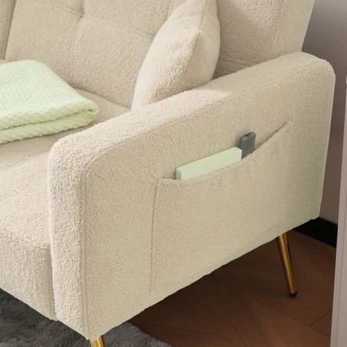 Canapé-lit 2 Places En Tissu Sherpa Doux,pliable Et Réglable,175x64x72cm,beige