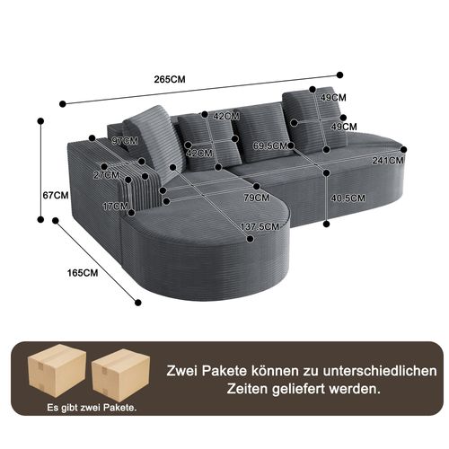 Canapé D'angle Compressé Modulaire 3 Places Tissu En Velours Côtelé Gris,design Cloud