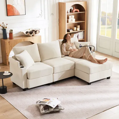 Canapé D'angle 3 Places Multifonctionnel Avec Repose-pieds,tissu Velours Côtelé,beige