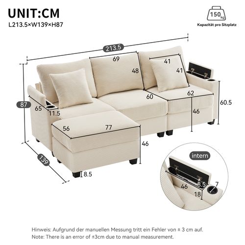 Canapé D'angle 3 Places Multifonctionnel Avec Repose-pieds,tissu Velours Côtelé,beige