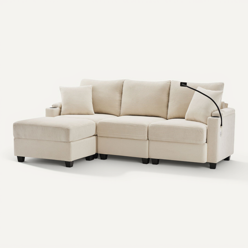 Canapé D'angle 3 Places Multifonctionnel Avec Repose-pieds,tissu Velours Côtelé,beige