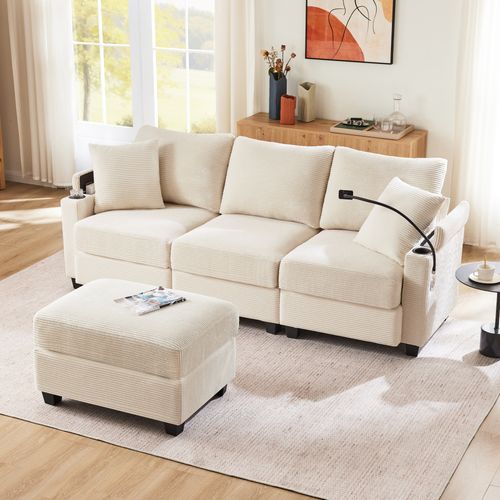 Canapé D'angle 3 Places Multifonctionnel Avec Repose-pieds,tissu Velours Côtelé,beige