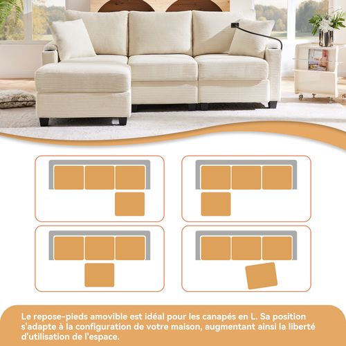 Canapé D'angle 3 Places Multifonctionnel Avec Repose-pieds,tissu Velours Côtelé,beige
