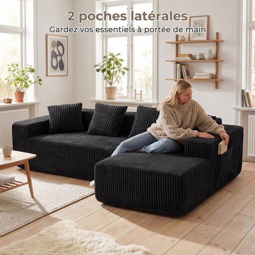 Canapé Modulaire Compressé 3 Places Velours Côtelé,chaise Longue Droite,noir