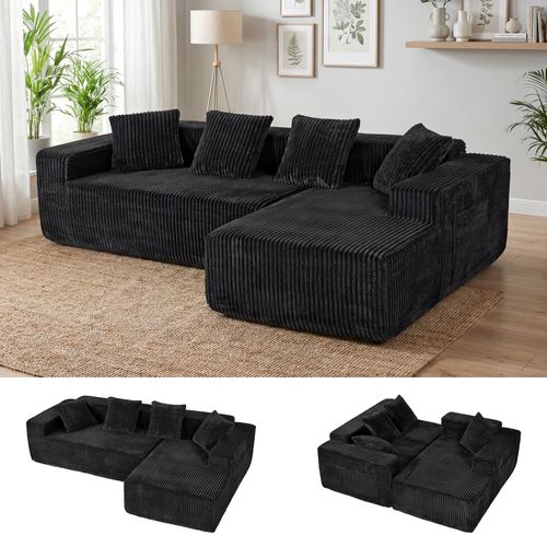 Canapé Modulaire Compressé 3 Places Velours Côtelé,chaise Longue Droite,noir