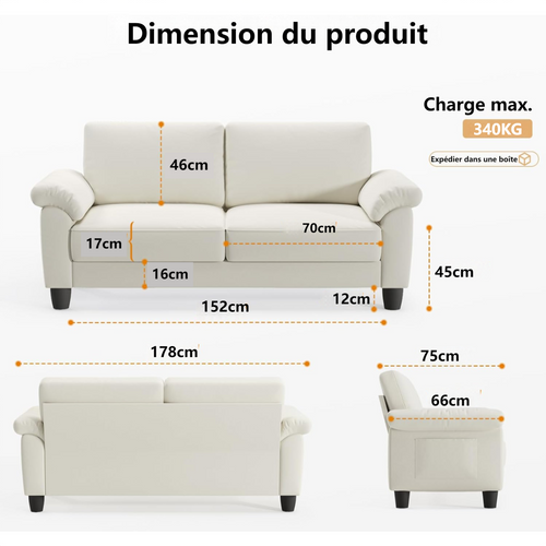 Neche Canapé 2 Places En Velours,avec Poche De Rangement,grands Accoudoirs,178 X 75 X 87cm,beige