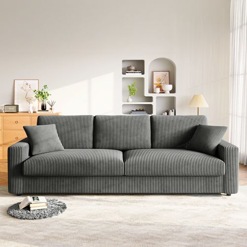Grand Canapé 3 Places En Velours Côtelé Avec 2 Oreillers - Gris - 256 X 89 X 88cm