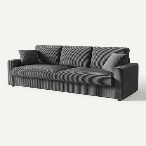 Grand Canapé 3 Places En Velours Côtelé Avec 2 Oreillers - Gris - 256 X 89 X 88cm