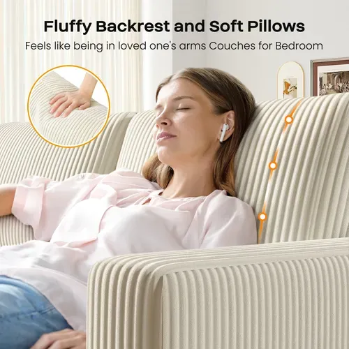 Grand Canapé 3 Places En Velours Côtelé Avec 2 Oreillers - Beige - 256 X 89 X 88cm