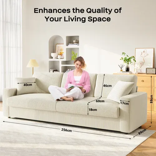 Grand Canapé 3 Places En Velours Côtelé Avec 2 Oreillers - Beige - 256 X 89 X 88cm