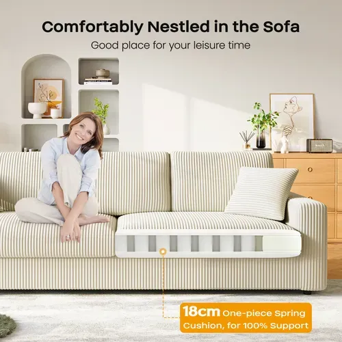 Grand Canapé 3 Places En Velours Côtelé Avec 2 Oreillers - Beige - 256 X 89 X 88cm