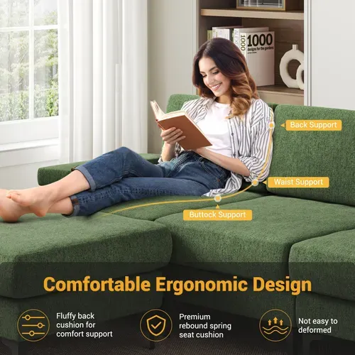 Canapé D'angle 3 Places En Chenille Avec Repose-pieds,244 X 146 X 83cm,vert