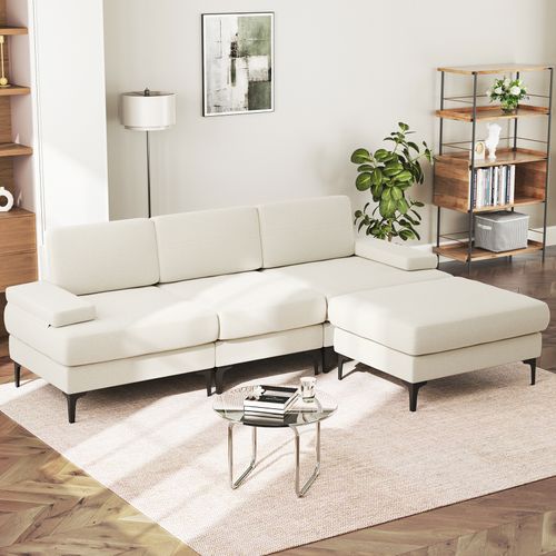 Canapé D'angle 3 Places En Chenille Avec Repose-pieds,244 X 146 X 83cm,beige