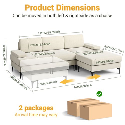 Canapé D'angle 3 Places En Chenille Avec Repose-pieds,244 X 146 X 83cm,beige