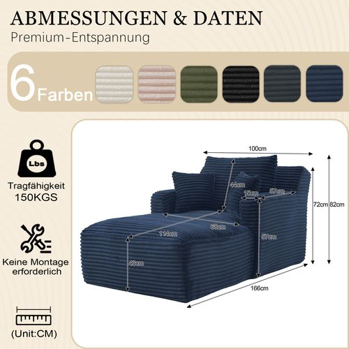 Méridienne Confort Sans Montage,chaise Longue Moderne Tissu En Velours Côtelé,bleu